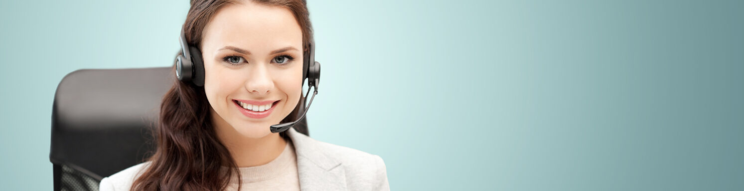 people, online service, communication and technology concept - smiling female helpline operator with headset over blue background